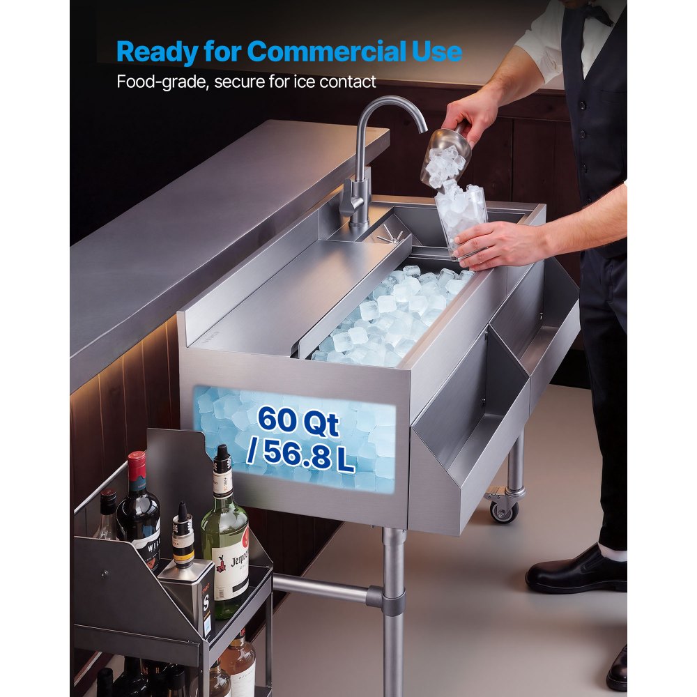 VEVOR Commercial Ice Bin with Sink & Faucet, 60 Qt Max Capacity, 24 x 19 x 35 Inch Stainless Steel Ice Chest with Sliding Lid and Bottle Holders, Cooler Cart Cocktail Unit for Bar Restaurant Pub