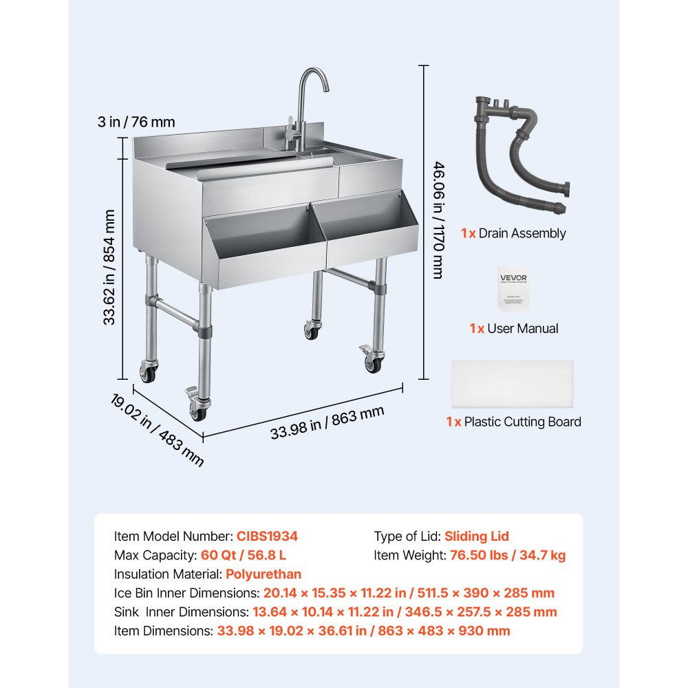 VEVOR Commercial Ice Bin with Sink & Faucet, 60 Qt Max Capacity, 24 x 19 x 35 Inch Stainless Steel Ice Chest with Sliding Lid and Bottle Holders, Cooler Cart Cocktail Unit for Bar Restaurant Pub