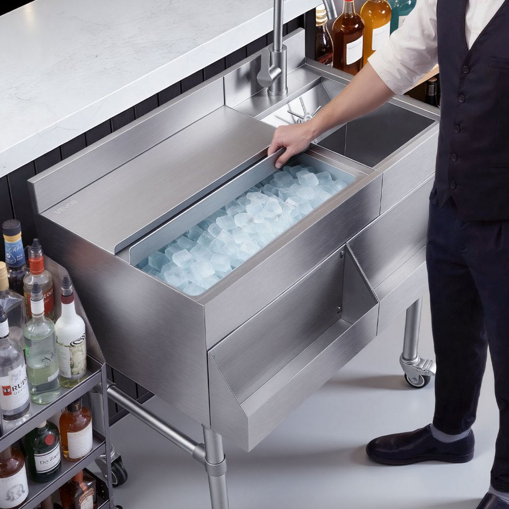 VEVOR Commercial Ice Bin with Sink & Faucet, 60 Qt Max Capacity, 24 x 19 x 35 Inch Stainless Steel Ice Chest with Sliding Lid and Bottle Holders, Cooler Cart Cocktail Unit for Bar Restaurant Pub