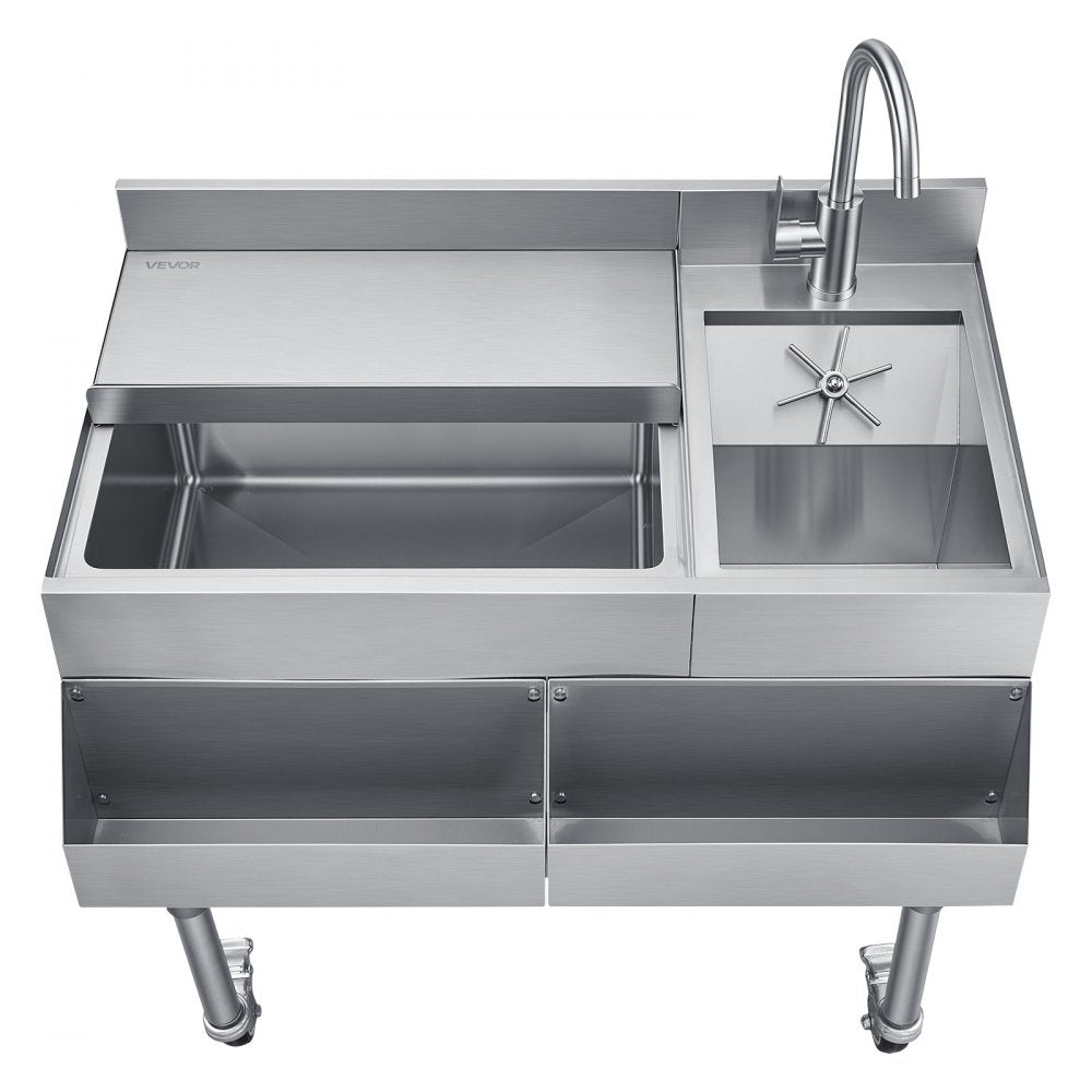VEVOR Commercial Ice Bin with Sink & Faucet, 60 Qt Max Capacity, 24 x 19 x 35 Inch Stainless Steel Ice Chest with Sliding Lid and Bottle Holders, Cooler Cart Cocktail Unit for Bar Restaurant Pub