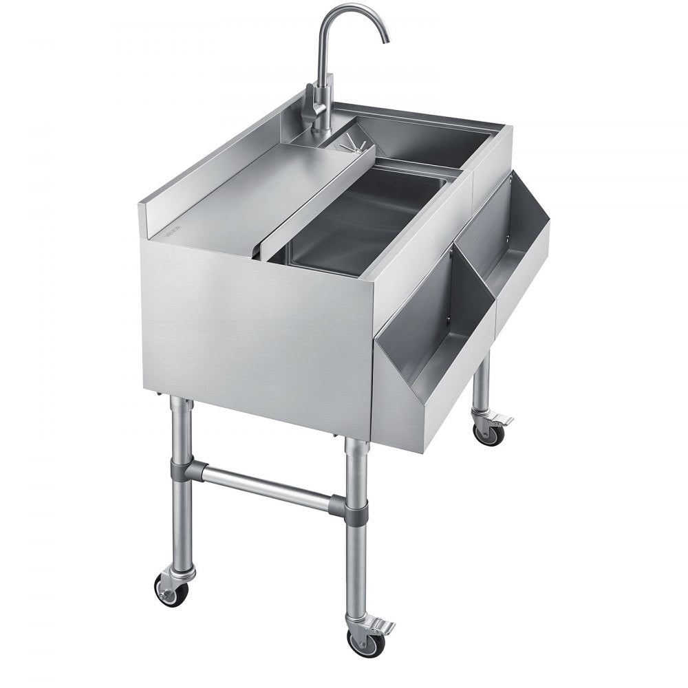 VEVOR Commercial Ice Bin with Sink & Faucet, 60 Qt Max Capacity, 24 x 19 x 35 Inch Stainless Steel Ice Chest with Sliding Lid and Bottle Holders, Cooler Cart Cocktail Unit for Bar Restaurant Pub