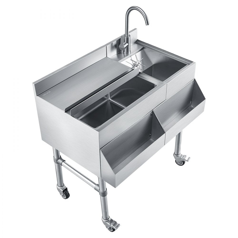 VEVOR Commercial Ice Bin with Sink & Faucet, 60 Qt Max Capacity, 24 x 19 x 35 Inch Stainless Steel Ice Chest with Sliding Lid and Bottle Holders, Cooler Cart Cocktail Unit for Bar Restaurant Pub