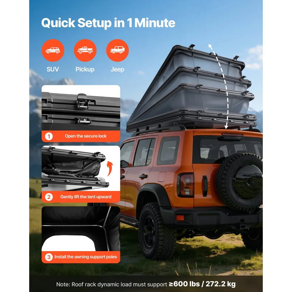 VEVOR Rooftop Tent Hard Shell, 2-3 Person Aluminum Roof Top Tent Hardshell with Tri-Color LED Light, Thick Mattress & Window, Waterproof Windproof Overland Camping Car Roof Rack for Jeep SUV Pickup