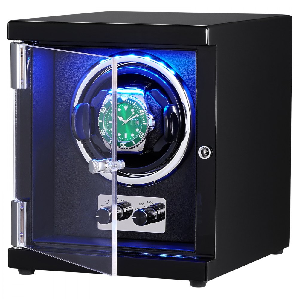 VEVOR Watch Winder, Single Watch Winder for Men's and Women's Automatic Watch, with Super Quiet Japanese Mabuchi Motor, Blue LED Light and Adapter, High-Density Board Shell and Black PU