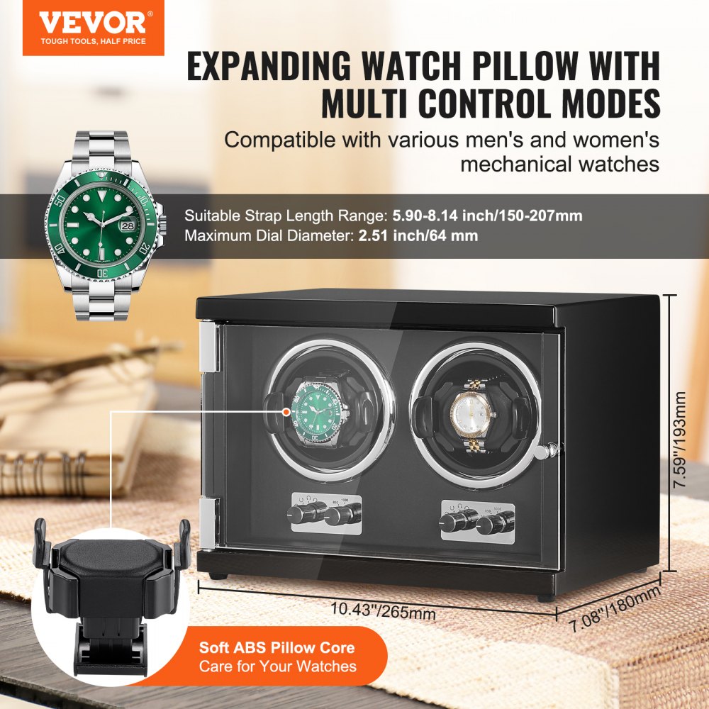 VEVOR Watch Winder, Dual Watch Winder for Men's and Women's Automatic Watch, with 2 Super Quiet Japanese Mabuchi Motors, Blue LED Light and Adapter, High-Density Board Shell and Black PU
