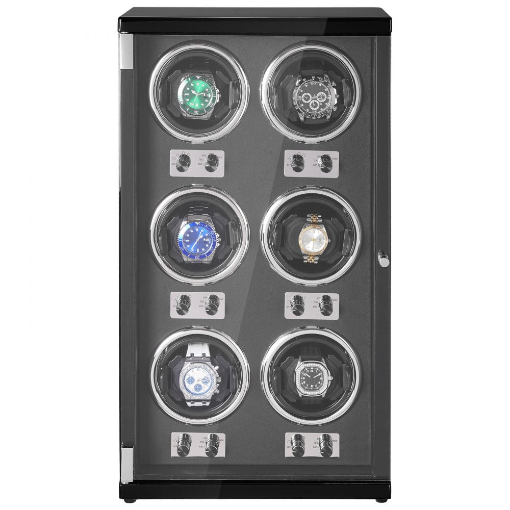 VEVOR Watch Winder, Watch Winder for 6 Men's and Women's Automatic Watches, with 6 Super Quiet Japanese Mabuchi Motors, Blue LED Light and Adapter, High-Density Board Shell and Black PU