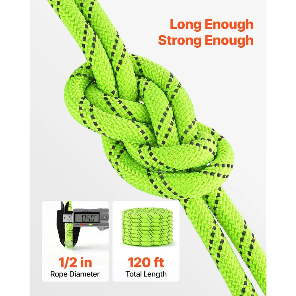 VEVOR Double Braided Polyester Rope 1/2 in x 120 ft Arborist Rigging Rope, for Tree Work, Heavy Duty 11 Strands, 3700 lbs High Breaking Strength, Outdoor Climbing Towing Swing Pulling Cord, Green