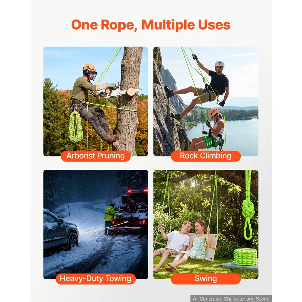 VEVOR Double Braided Polyester Rope 1/2 in x 120 ft Arborist Rigging Rope, for Tree Work, Heavy Duty 11 Strands, 3700 lbs High Breaking Strength, Outdoor Climbing Towing Swing Pulling Cord, Green