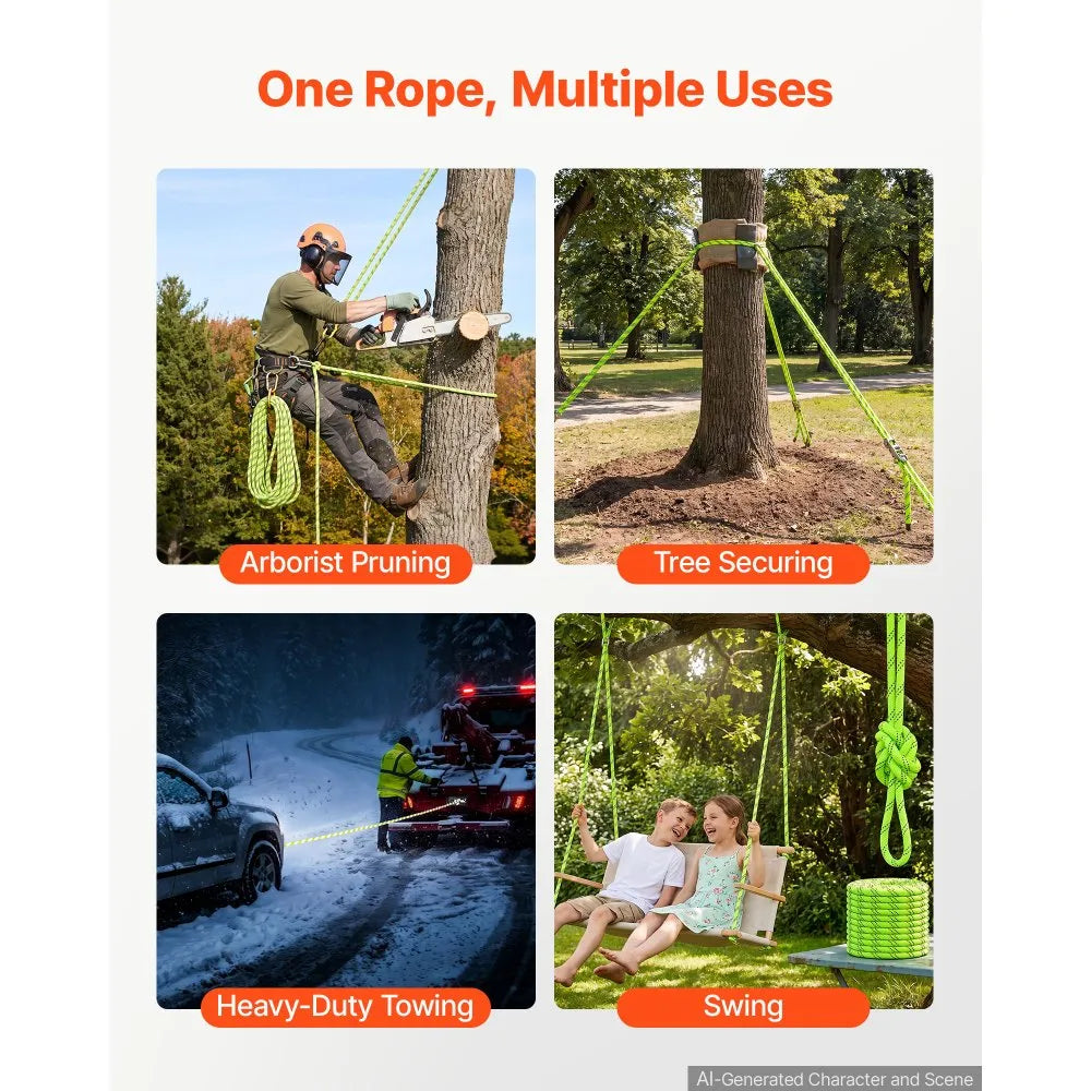 VEVOR Double Braided Polyester Rope 3/4 in x 220 ft Arborist Rigging Rope, for Tree Work, Heavy Duty 26 Strands, 19400 lbs High Breaking Strength, Outdoor Climbing Towing Swing Pulling Cord, Green