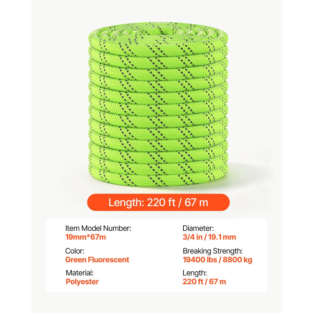 VEVOR Double Braided Polyester Rope 3/4 in x 220 ft Arborist Rigging Rope, for Tree Work, Heavy Duty 26 Strands, 19400 lbs High Breaking Strength, Outdoor Climbing Towing Swing Pulling Cord, Green
