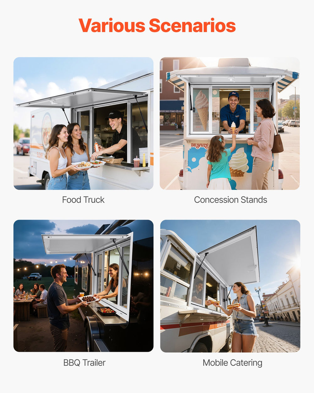 VEVOR Concession Window 53x33 in, Aluminum Alloy Service Window for Food Truck, Up to 85 Degrees Stand Serving Window with 4 Sliding Windows, Awning Door, and Drag Hook, for Concession Trailers