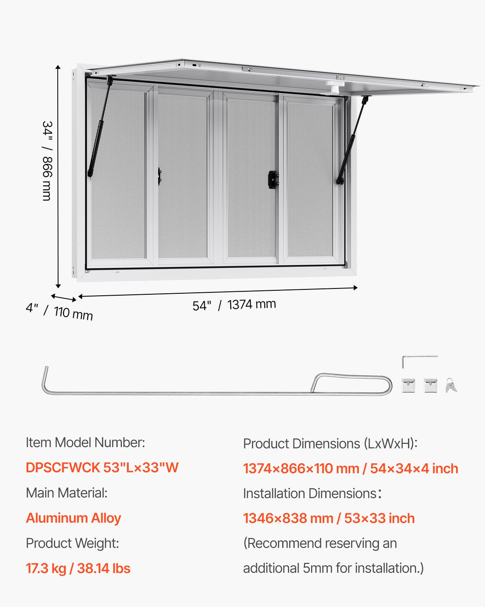 VEVOR Concession Window 53x33 in, Aluminum Alloy Service Window for Food Truck, Up to 85 Degrees Stand Serving Window with 4 Sliding Windows, Awning Door, and Drag Hook, for Concession Trailers