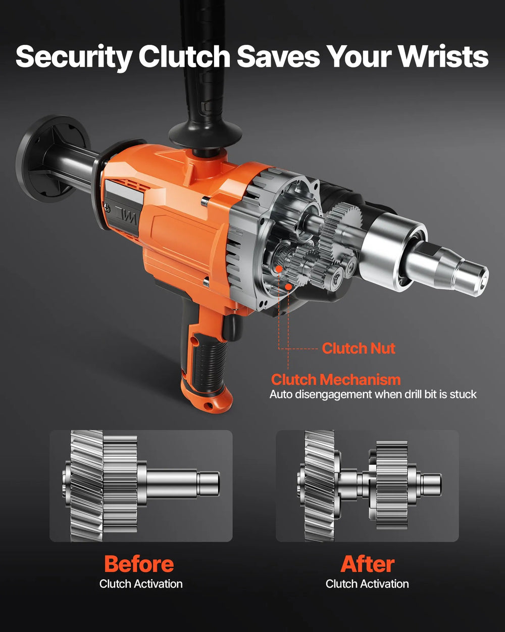 Security clutch mechanism illustration (auto disengagement when drill bit is stuck)