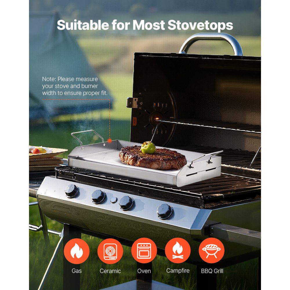 VEVOR Stainless Steel Griddle, 17x13 inch Universal Flat Top Rectangular Plate, Gas Grill Griddle for BBQ Grill, Teppanyaki, Portable Family Cookware with Handle, for Camping Tailgating Party