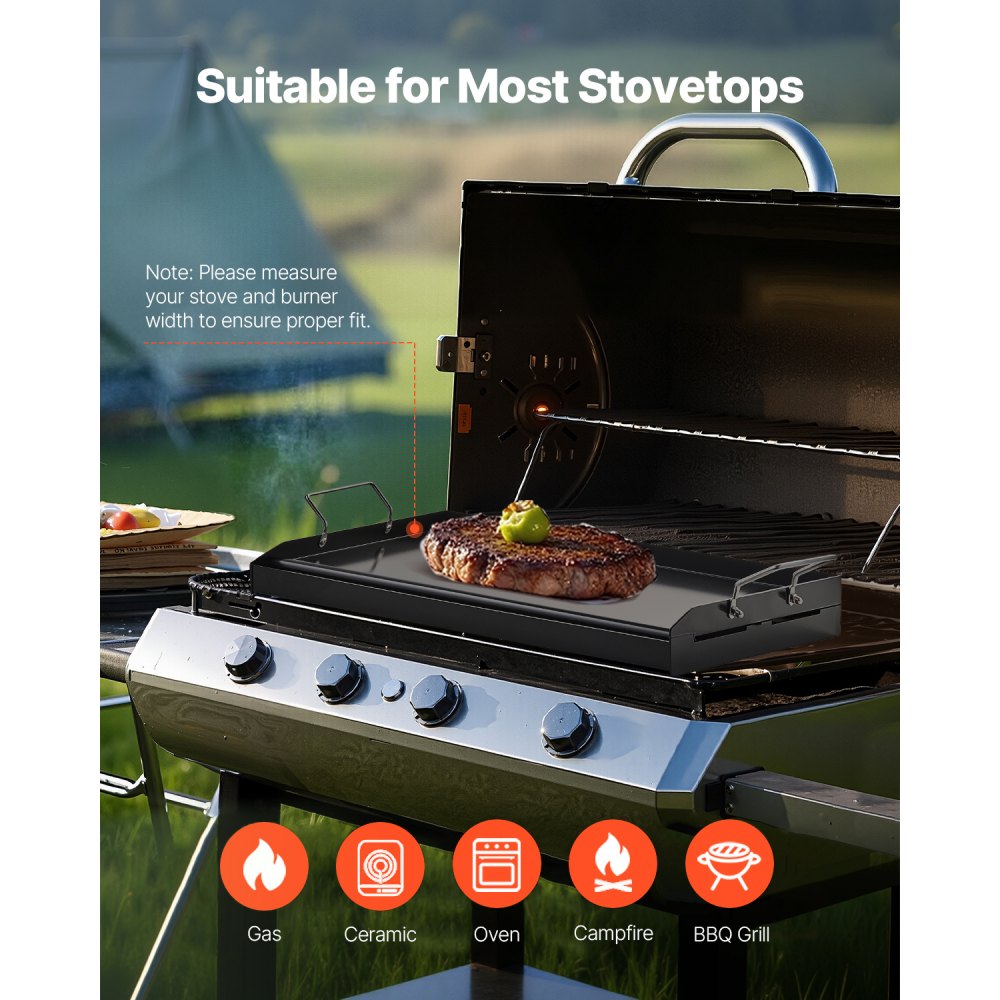VEVOR Carbon Steel Griddle, 24x16 inch Universal Flat Top Rectangular Plate, Gas Grill Griddle for BBQ Grill, Teppanyaki, Portable Family Cookware with Handle, for Camping Tailgating Party