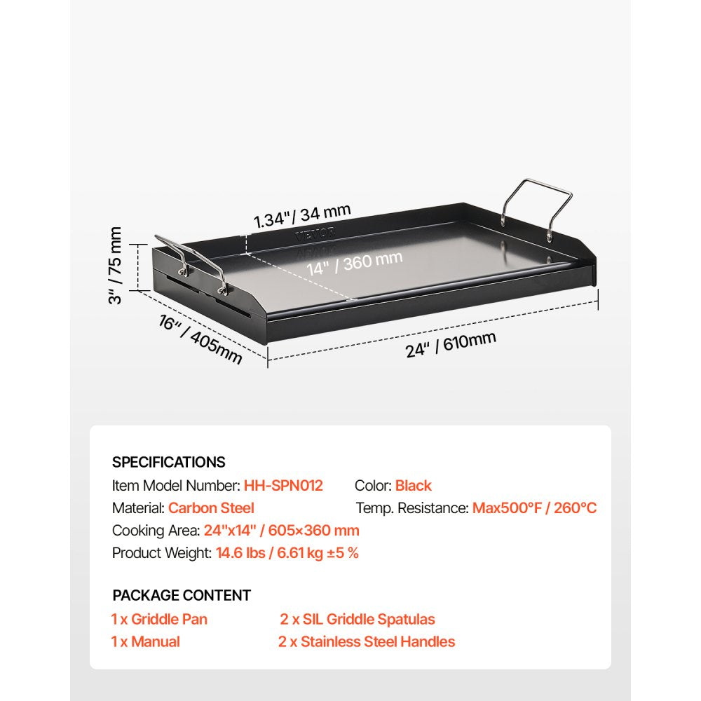 VEVOR Carbon Steel Griddle, 24x16 inch Universal Flat Top Rectangular Plate, Gas Grill Griddle for BBQ Grill, Teppanyaki, Portable Family Cookware with Handle, for Camping Tailgating Party