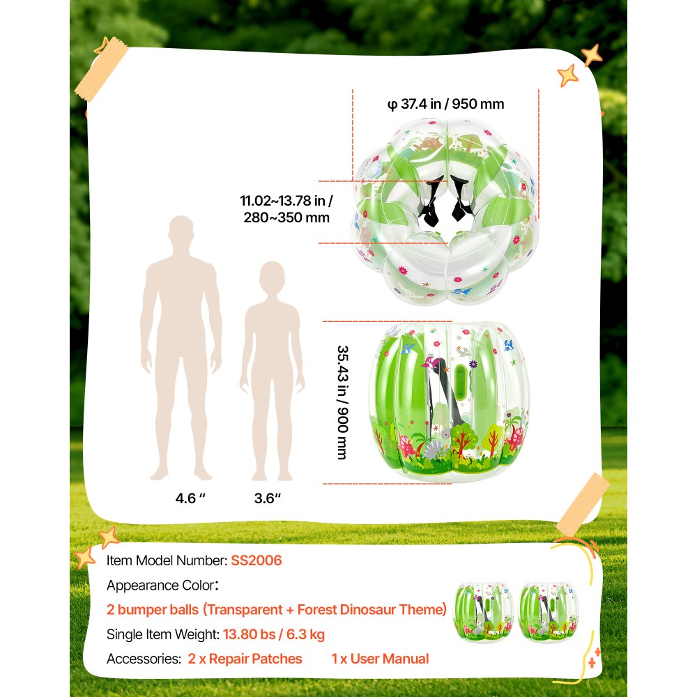 VEVOR 2-Pack Inflatable Bumper Balls 3FT Human Bubble for Kids Transparent, for Backyard, Camping, Picnic, Park, Lawn, and Outdoor Team Gameplay, Thickened PVC Material, Sumo Hamster Ball with Handle
