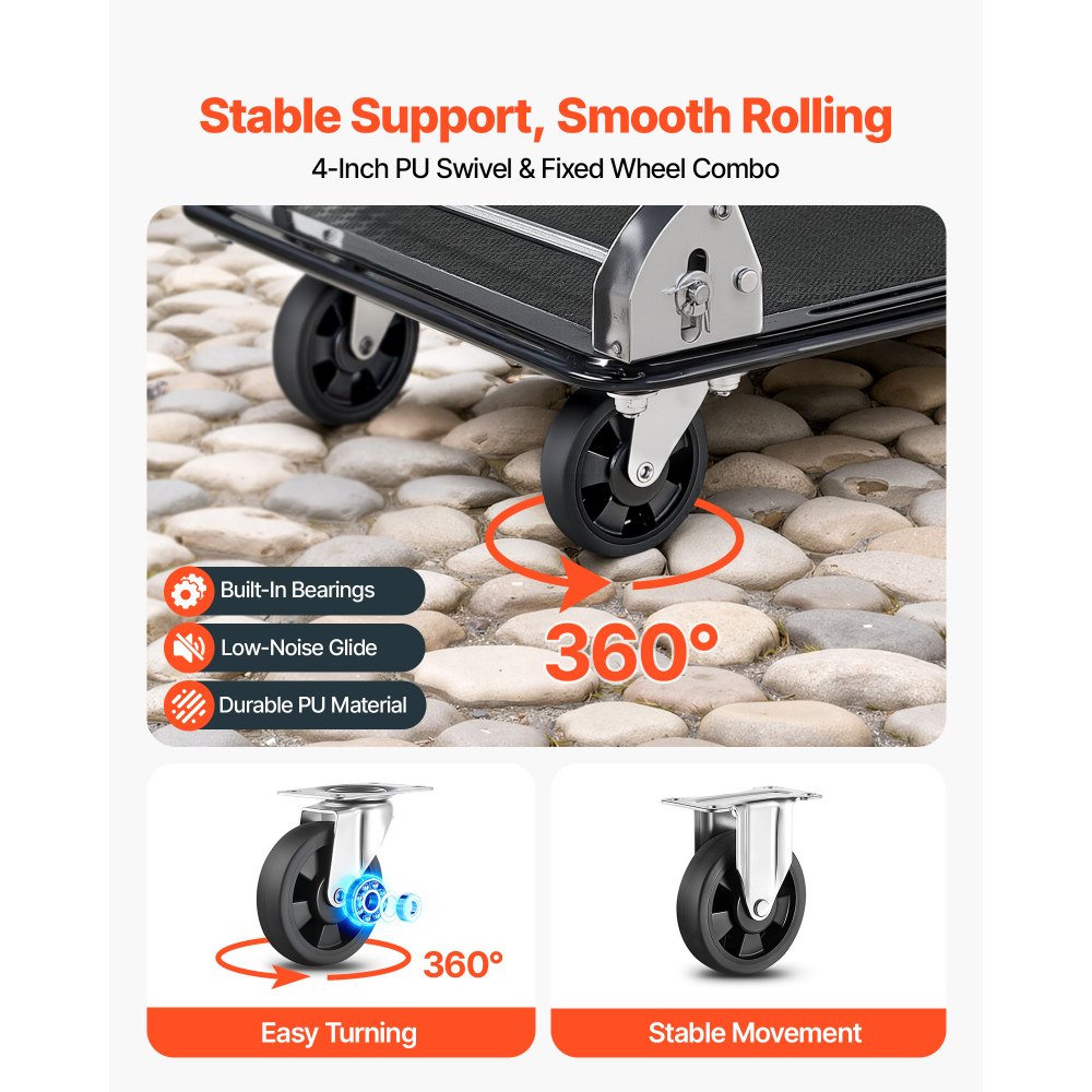 VEVOR Foldable Push Cart Dolly, 700 lbs, Heavy Duty Platform Hand Truck with Wheels, High-Strength Steel, 2 Tier Moving Flatbed Cart, for Warehouse, Garage, Workshop, Office, 28.7 x 18.5 x 32.3 in