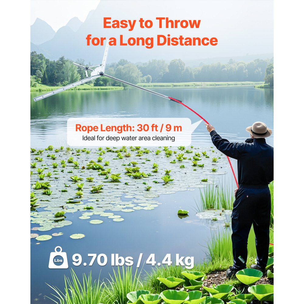 VEVOR Lake Weed Cutter, Pond Aquatic Plant Cutting Tool with 62 in Max. Cut Width, Sharp and Heavy-Duty Steel Blades, Pond Rake with 30 ft Throw Rope, for Cattail, Phragmites, Lilly Pads & Chara