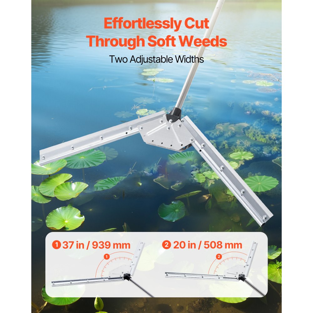 VEVOR Lake Weed Cutter, Pond Aquatic Plant Cutting Tool with 37 in Max. Cut Width, Sharp and Heavy-Duty Steel Blades, Pond Rake with 30 ft Throw Rope, for Cattail, Phragmites, Lilly Pads & Chara