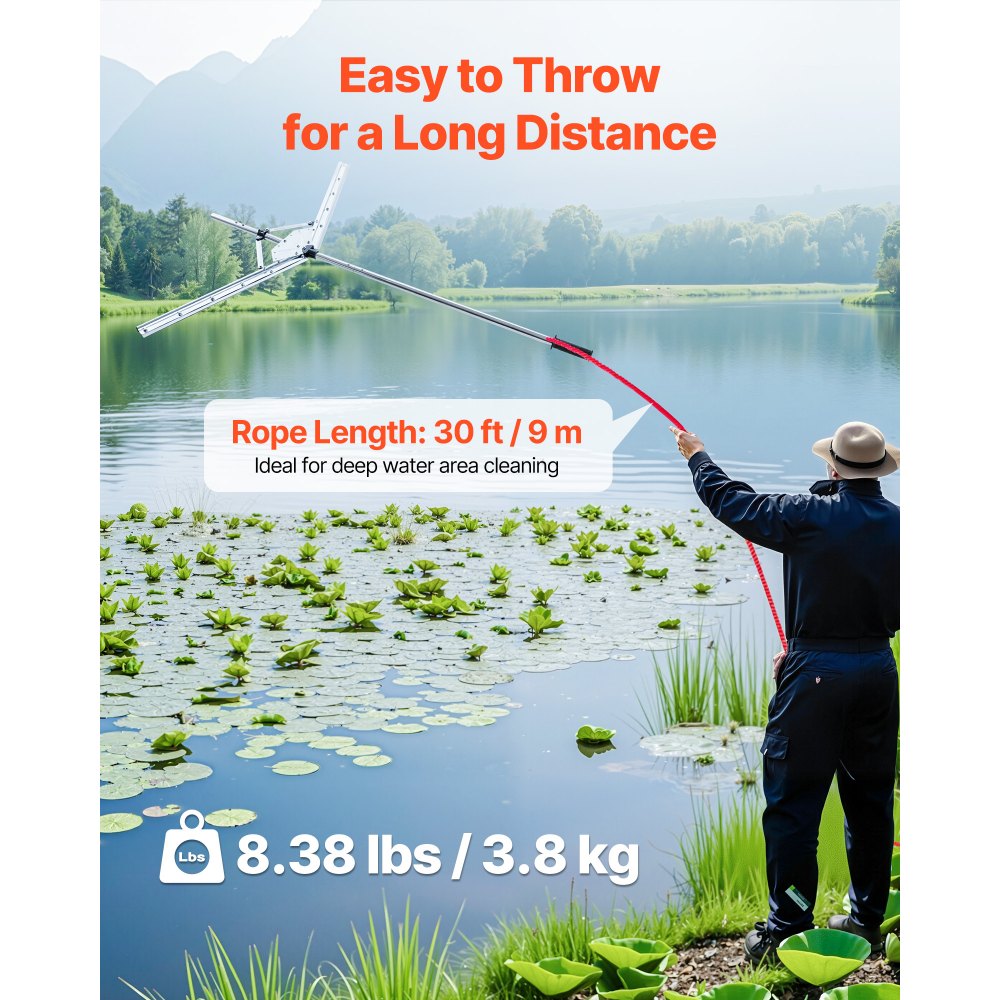 VEVOR Lake Weed Cutter, Pond Aquatic Plant Cutting Tool with 48 in Max. Cut Width, Sharp and Heavy-Duty Steel Blades, Pond Rake with 30 ft Throw Rope, for Cattail, Phragmites, Lilly Pads & Chara