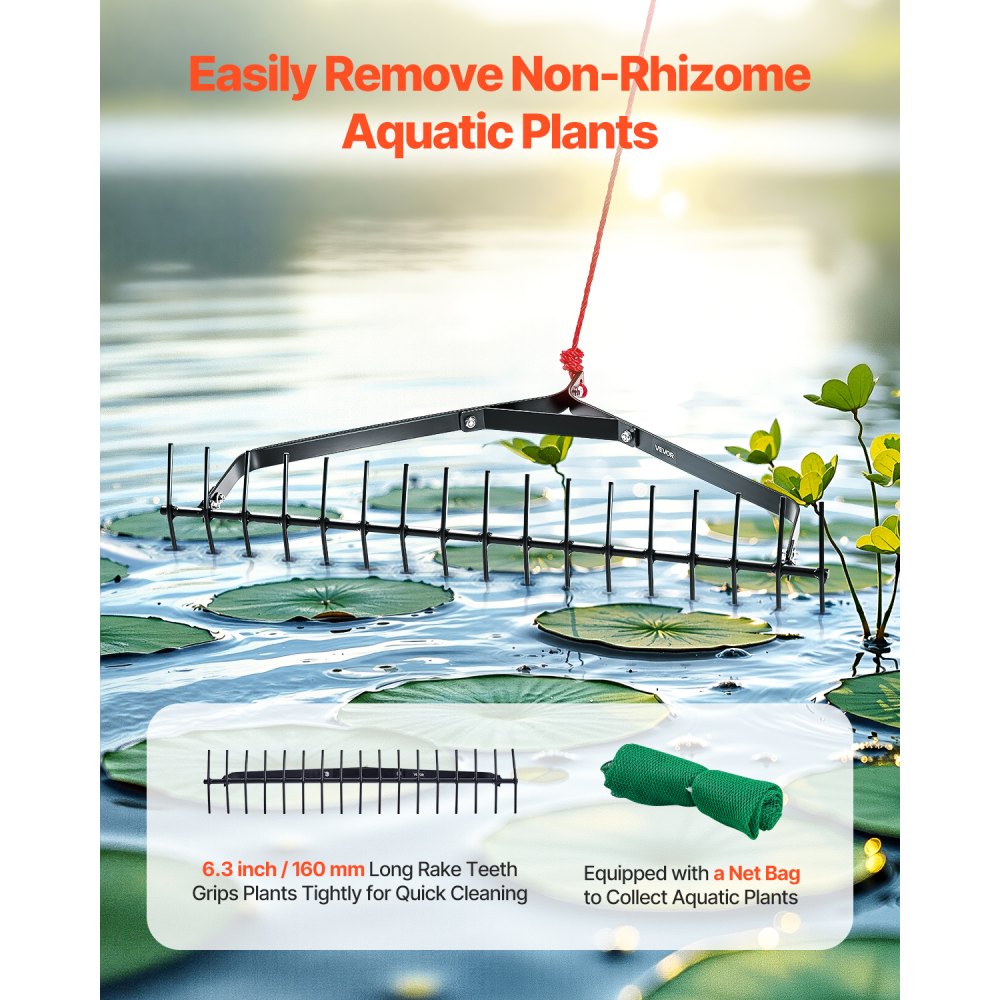 VEVOR 32 in Aquatic Weed Rake, 6.3 in Double Sided Lake Weed Rake, Lightweight  Pond Weeds Cutter with 30ft Rope, No Assembly Required, Muck Lilypad Clearing Tool for Pond, Lake, Rivulet