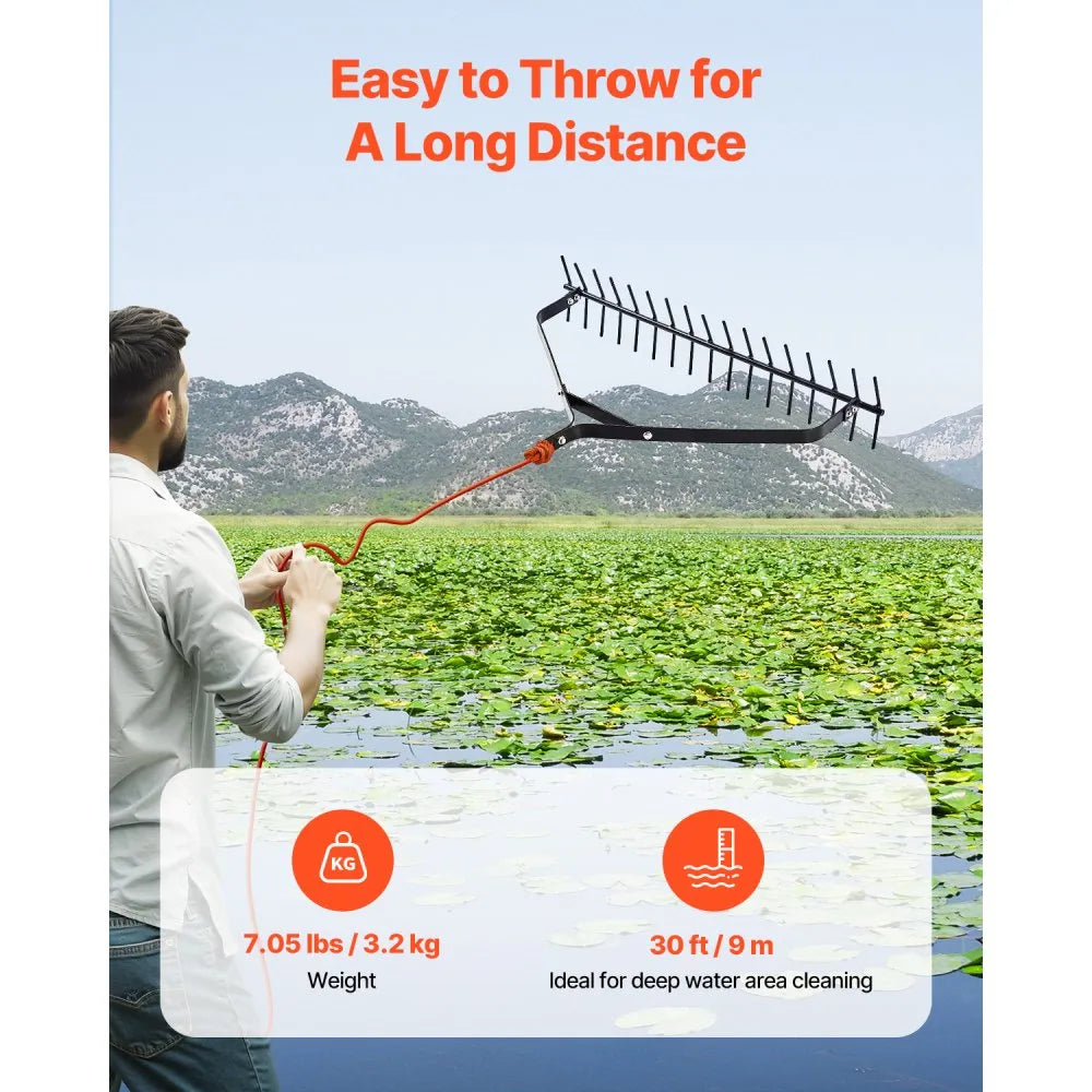 VEVOR 32 in Aquatic Weed Rake, 6.3 in Double Sided Lake Weed Rake, Lightweight  Pond Weeds Cutter with 30ft Rope, No Assembly Required, Muck Lilypad Clearing Tool for Pond, Lake, Rivulet