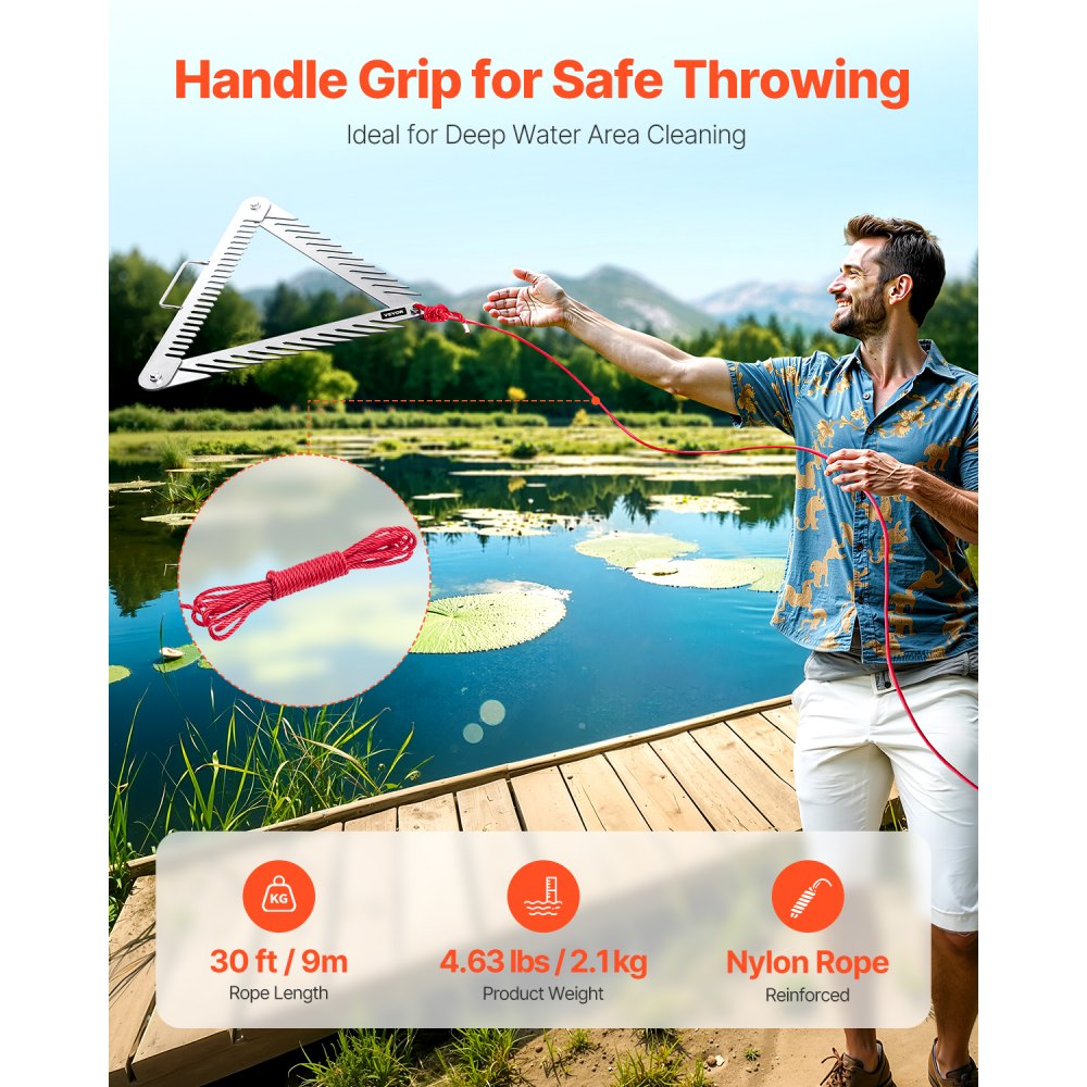 VEVOR 24in Aquatic Weed Rake, 3-Sided Lake Weed Rake with Handle, Portable and Foldable Pond Water Grass Razor, Stainless Steel Throwable Floating Pond Weeds Cutter with 30 ft Rope, for Lakes Ponds