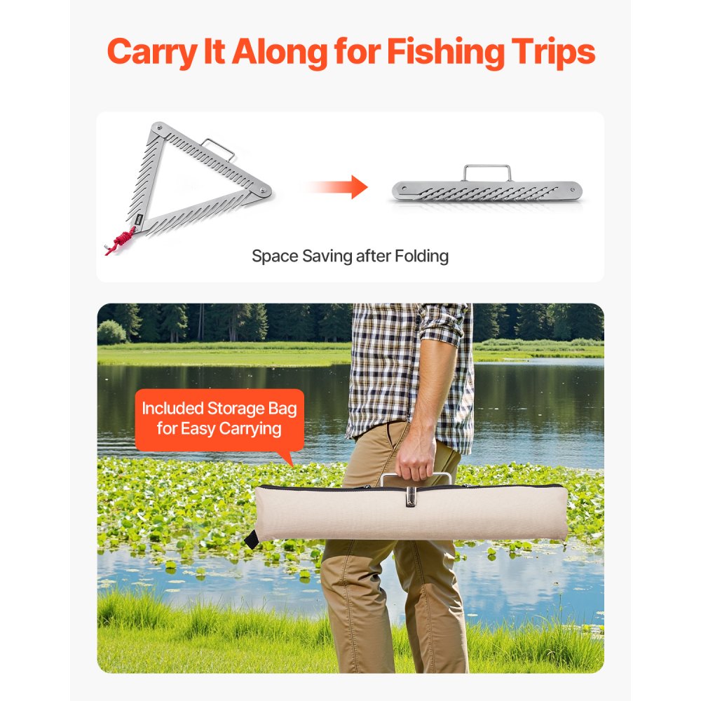 VEVOR 24in Aquatic Weed Rake, 3-Sided Lake Weed Rake with Handle, Portable and Foldable Pond Water Grass Razor, Stainless Steel Throwable Floating Pond Weeds Cutter with 30 ft Rope, for Lakes Ponds