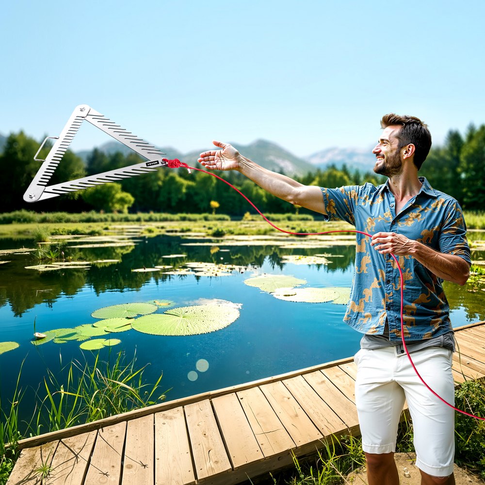 VEVOR 24in Aquatic Weed Rake, 3-Sided Lake Weed Rake with Handle, Portable and Foldable Pond Water Grass Razor, Stainless Steel Throwable Floating Pond Weeds Cutter with 30 ft Rope, for Lakes Ponds