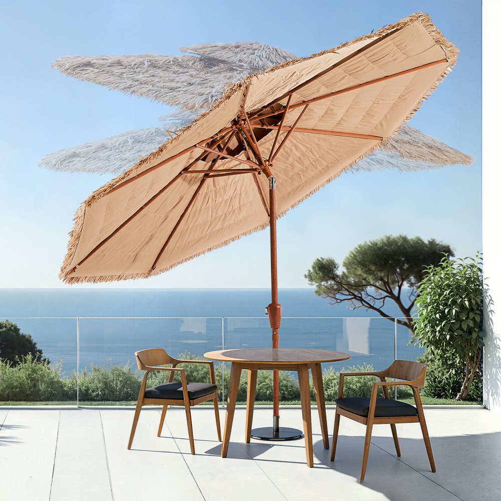 VEVOR Tiki Umbrella 9 ft Thatched Patio Umbrella with Tilt 2-Tier Hawaiian Style Beach Parasol with Pp Thatch and 8 Metal Ribs Grass Pool Umbrellas