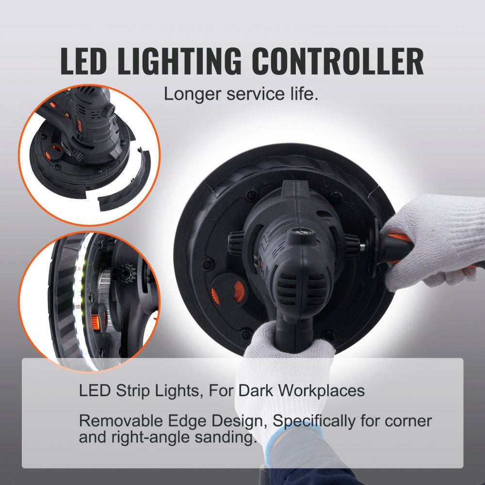 VEVOR Drywall Sander, 800W Electric Sander with 12 Sanding Discs, Variable Speed 1200-2300 RPM Wall Sander with Automatic Vacuum Dust Collection System, Double LED Lights, Dust Bag, Detachable Edge