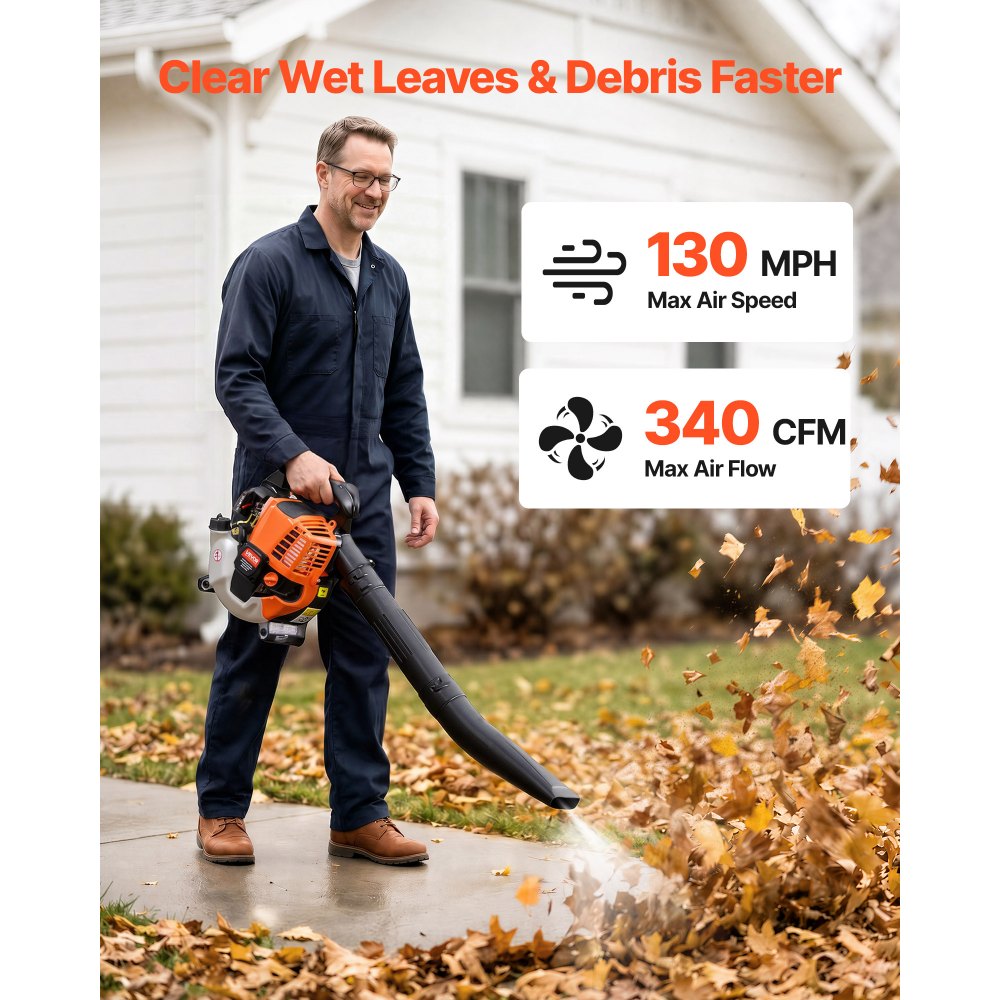 VEVOR Gas Leaf Blower, 25.4CC 4-Stroke Gas Powered Handheld Leaf Blower with 0.75L Fuel Tank, 340 CFM Air Volume, 130 MPH Air Speed, Ideal for Lawn Care, Leaves Cleaning, Yard Debris & Snow Removal