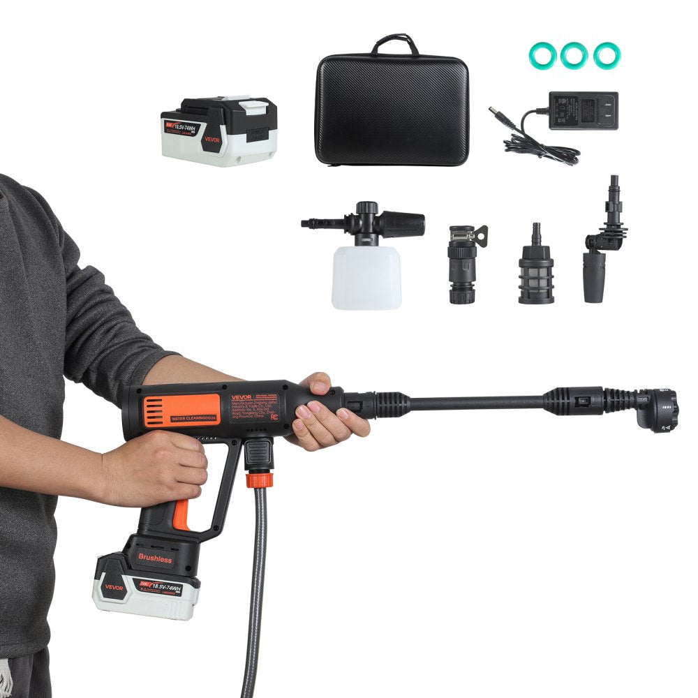 VEVOR Cordless Pressure Washer, 1200PSI MAX Portable Pressure Washer with Brushless Motor, Dual Batteries, 6-in-1 Nozzle & Water Hose, 4 Speed Adjustable, Handheld Power Cleaner for Home Garden Patio