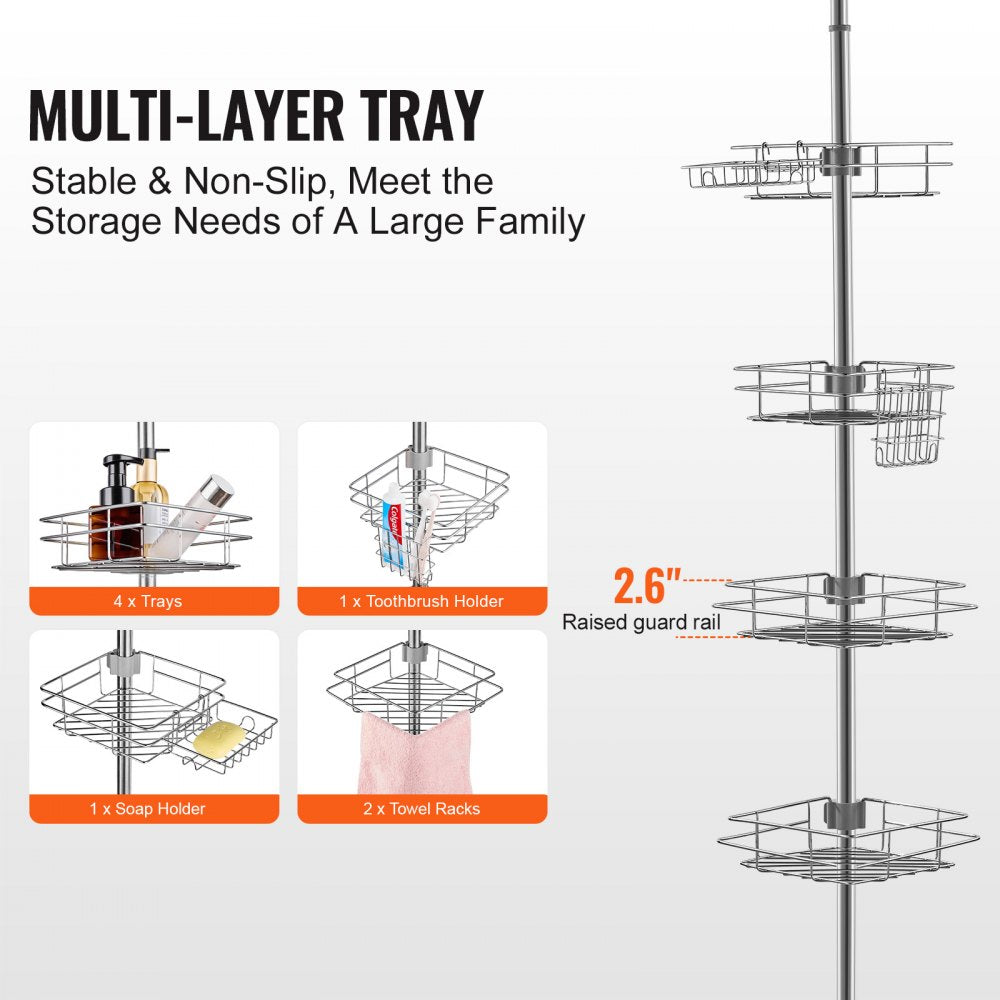 VEVOR Shower Corner Caddy Tension Pole, 42" to 114" High, Multi-Functional Shower Tension Pole with Strong Load-Bearing Tray, Rust-Proof Easy-to-Install Tension Pole, Fit for Bathroom & Washroom