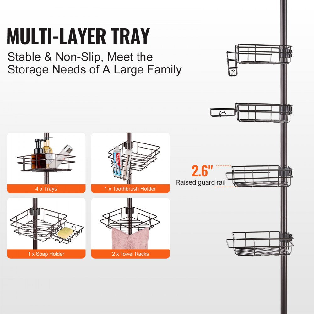 VEVOR Shower Corner Caddy Tension Pole, 42" to 114" High, Multi-Functional Shower Tension Pole with Strong Load-Bearing Tray, Rust-Proof Easy-to-Install Tension Pole, Fit for Bathroom & Washroom