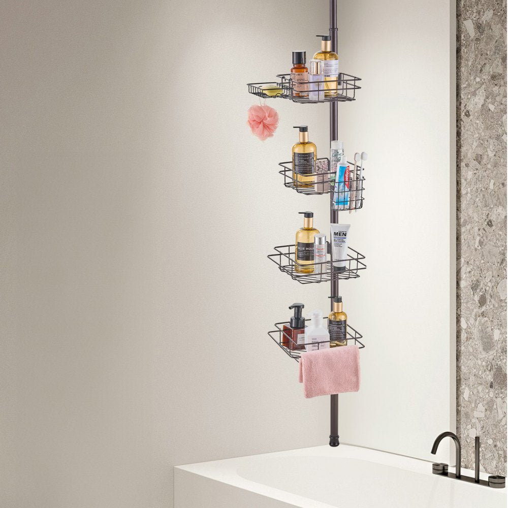VEVOR Shower Corner Caddy Tension Pole, 42" to 114" High, Multi-Functional Shower Tension Pole with Strong Load-Bearing Tray, Rust-Proof Easy-to-Install Tension Pole, Fit for Bathroom & Washroom