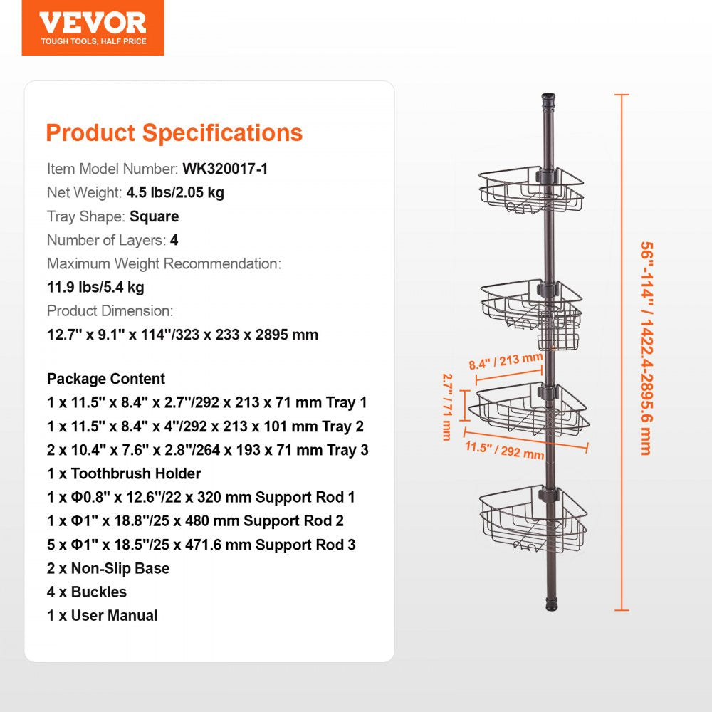 VEVOR Shower Corner Caddy Tension Pole, 56" to 114" High, Multi-Functional Shower Tension Pole with Strong Load-Bearing Tray, Rust-Proof Easy-to-Install Tension Pole, Fit for Bathroom & Washroom