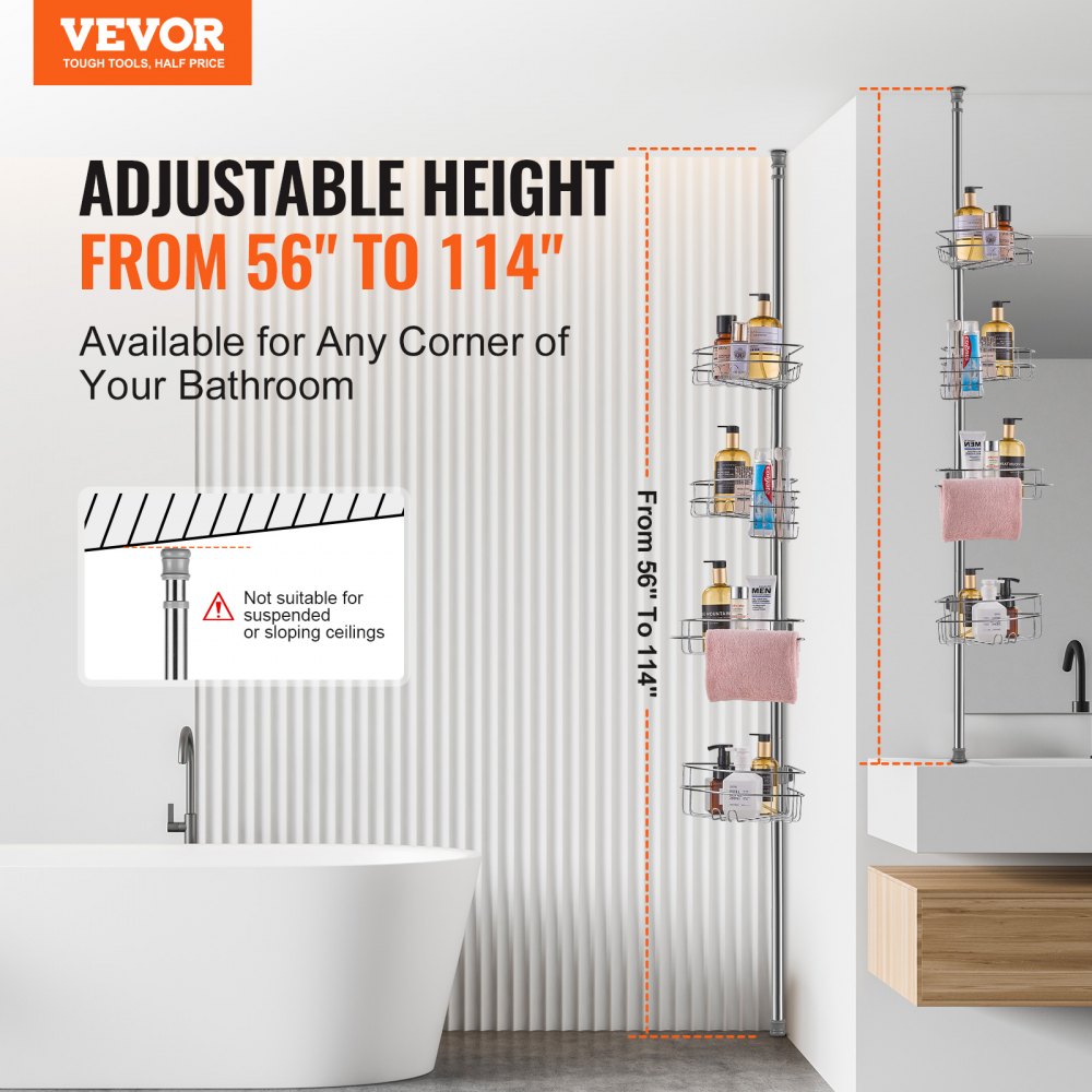 VEVOR Shower Corner Caddy Tension Pole, 56" to 114" High, Multi-Functional Shower Tension Pole with Strong Load-Bearing Tray, Rust-Proof Easy-to-Install Tension Pole, Fit for Bathroom & Washroom