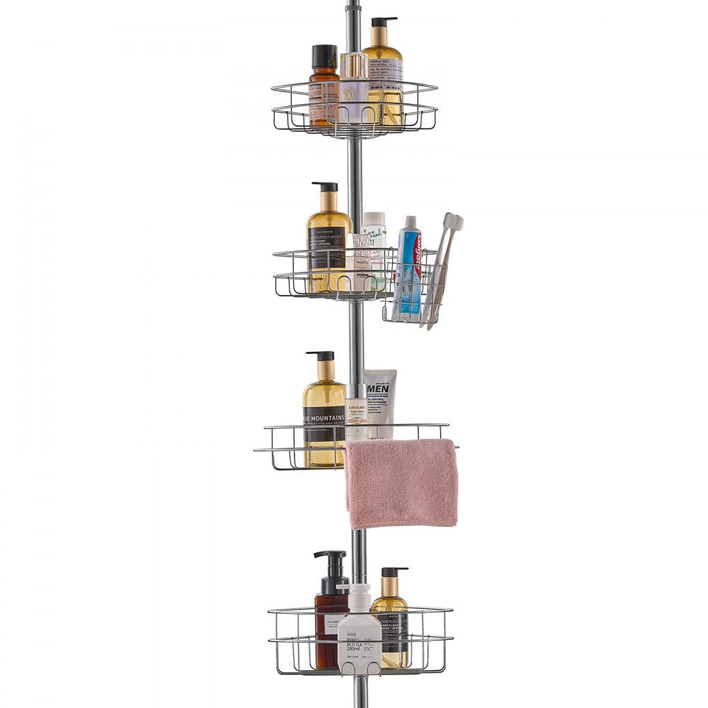 VEVOR Shower Corner Caddy Tension Pole, 56" to 114" High, Multi-Functional Shower Tension Pole with Strong Load-Bearing Tray, Rust-Proof Easy-to-Install Tension Pole, Fit for Bathroom & Washroom