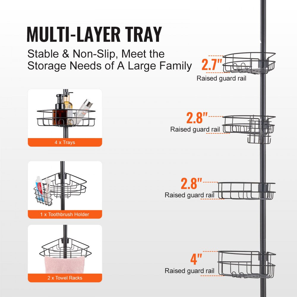VEVOR Shower Corner Caddy Tension Pole, 56" to 114" High, Multi-Functional Shower Tension Pole with Strong Load-Bearing Tray, Rust-Proof Easy-to-Install Tension Pole, Fit for Bathroom & Washroom