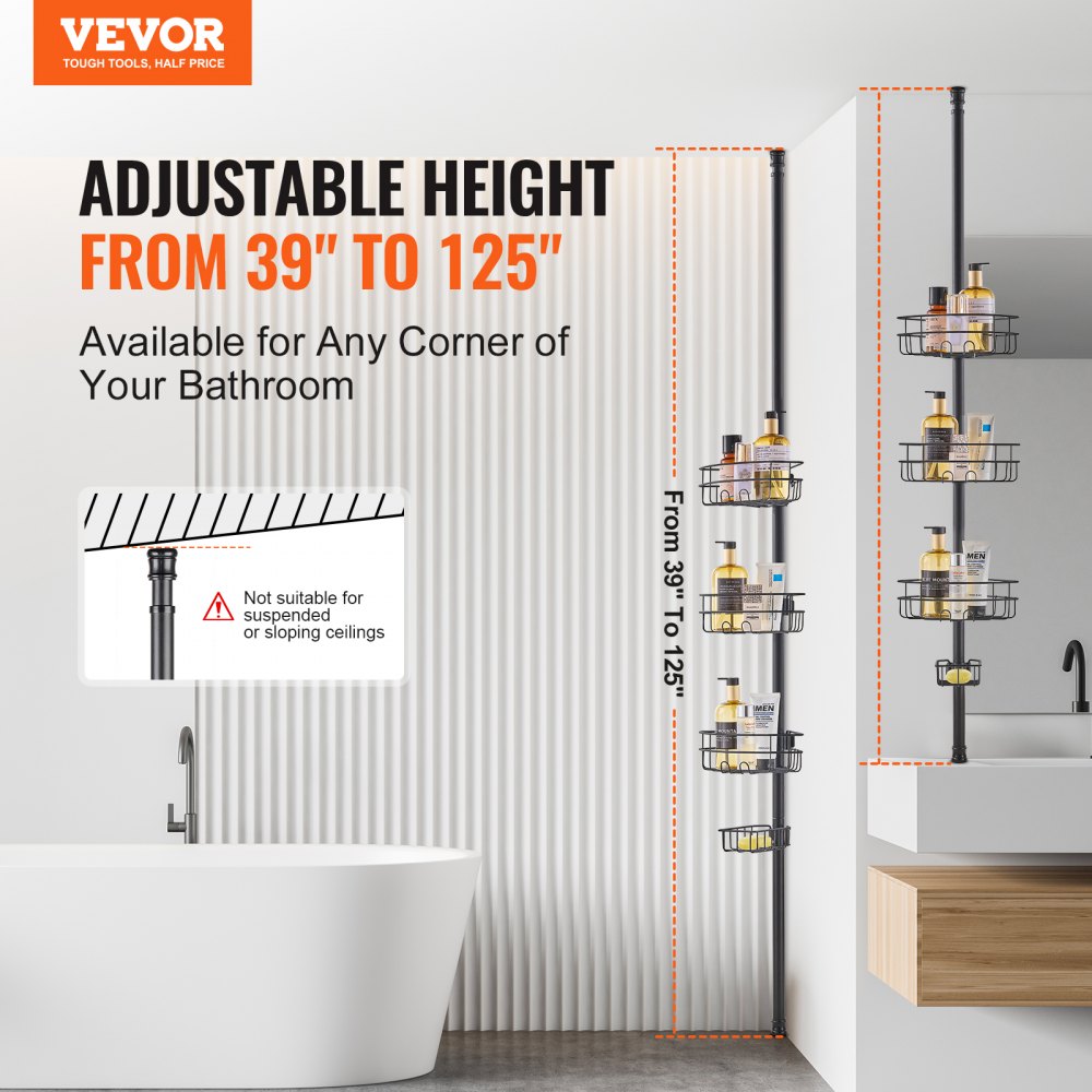 VEVOR Shower Corner Caddy Tension Pole, 39" to 125" High, Multi-Functional Shower Tension Pole with Strong Load-Bearing Tray, Rust-Proof Easy-to-Install Tension Pole, Fit for Bathroom & Washroom