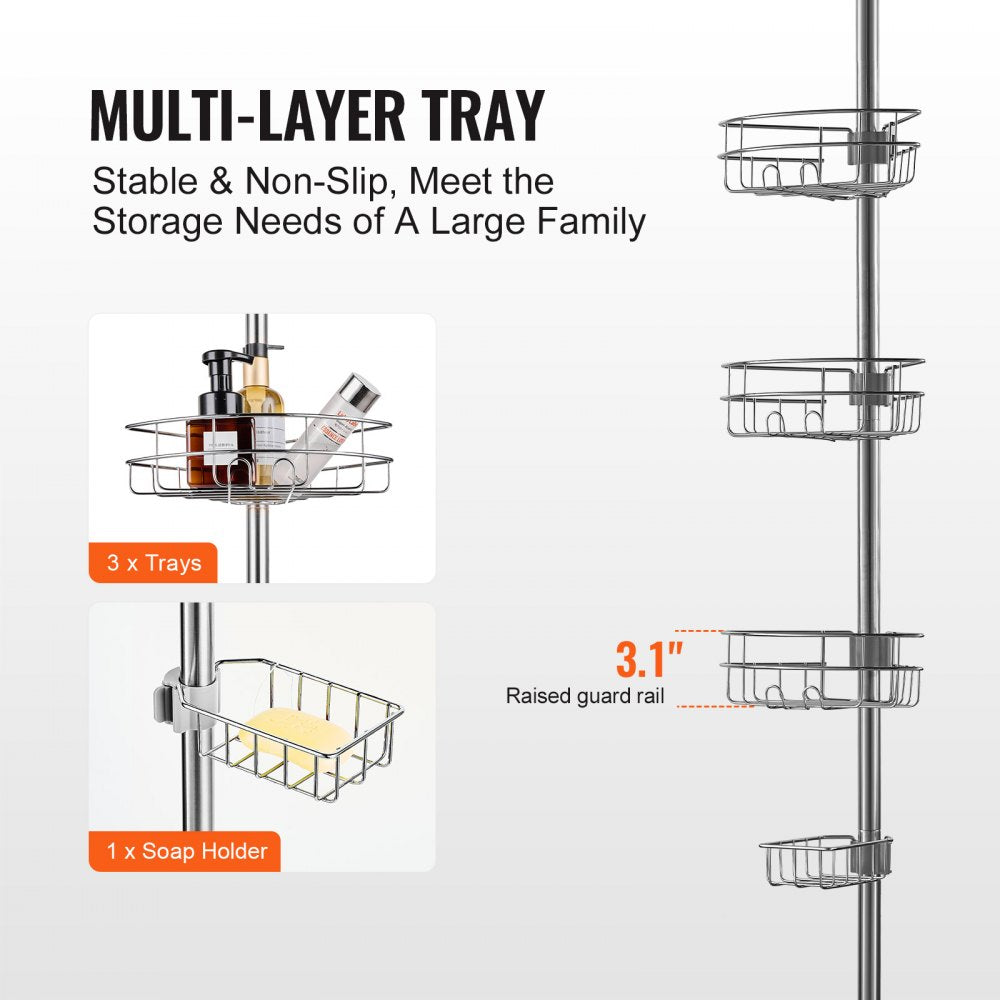 VEVOR Shower Corner Caddy Tension Pole, 39" to 125" High, Multi-Functional Shower Tension Pole with Strong Load-Bearing Tray, Rust-Proof Easy-to-Install Tension Pole, Fit for Bathroom & Washroom