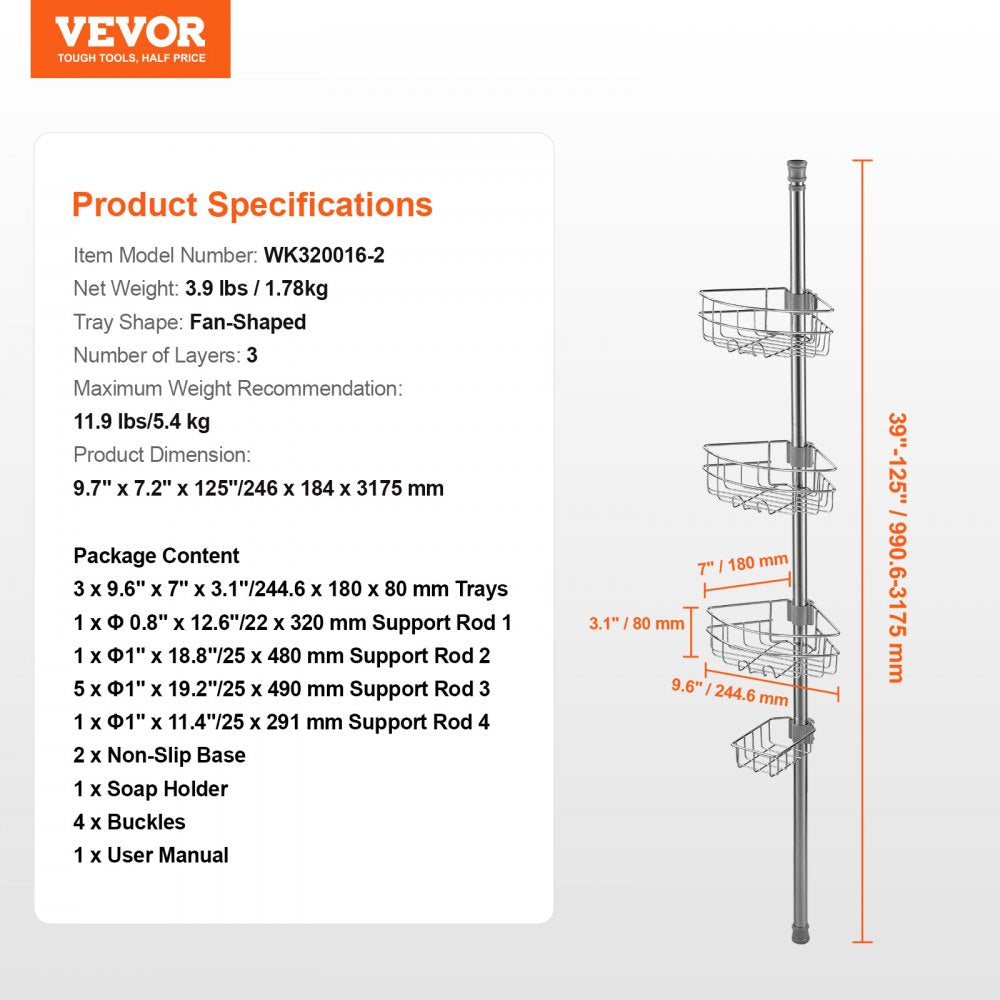VEVOR Shower Corner Caddy Tension Pole, 39" to 125" High, Multi-Functional Shower Tension Pole with Strong Load-Bearing Tray, Rust-Proof Easy-to-Install Tension Pole, Fit for Bathroom & Washroom