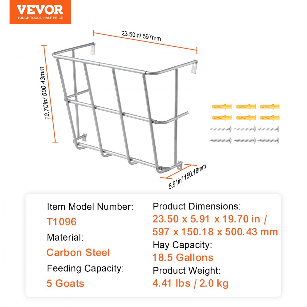 VEVOR Livestock Hay Feeder, 18.5 Gallons Large Capacity, Heavy-Duty Steel Goat Hay Rack, 24.4" Long Wall Mounted Horse Hay Holder, Multiple Sided Feeding Rack for Sheep Farm Livestock Indoor Outdoor
