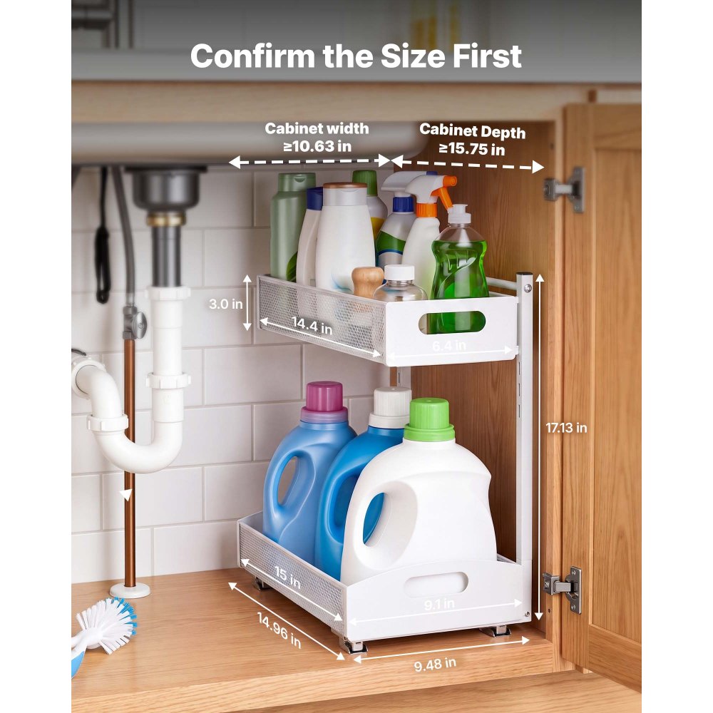 VEVOR Under Sink Organizer, 2 Pack 2-Tier Pull Out Cabinet Organizer with 4-Level Height Adjustment, Metal Slide Out Shelf, Multi-Purpose Cabinet Organizers and Storage for Bathroom & Kitchen, White