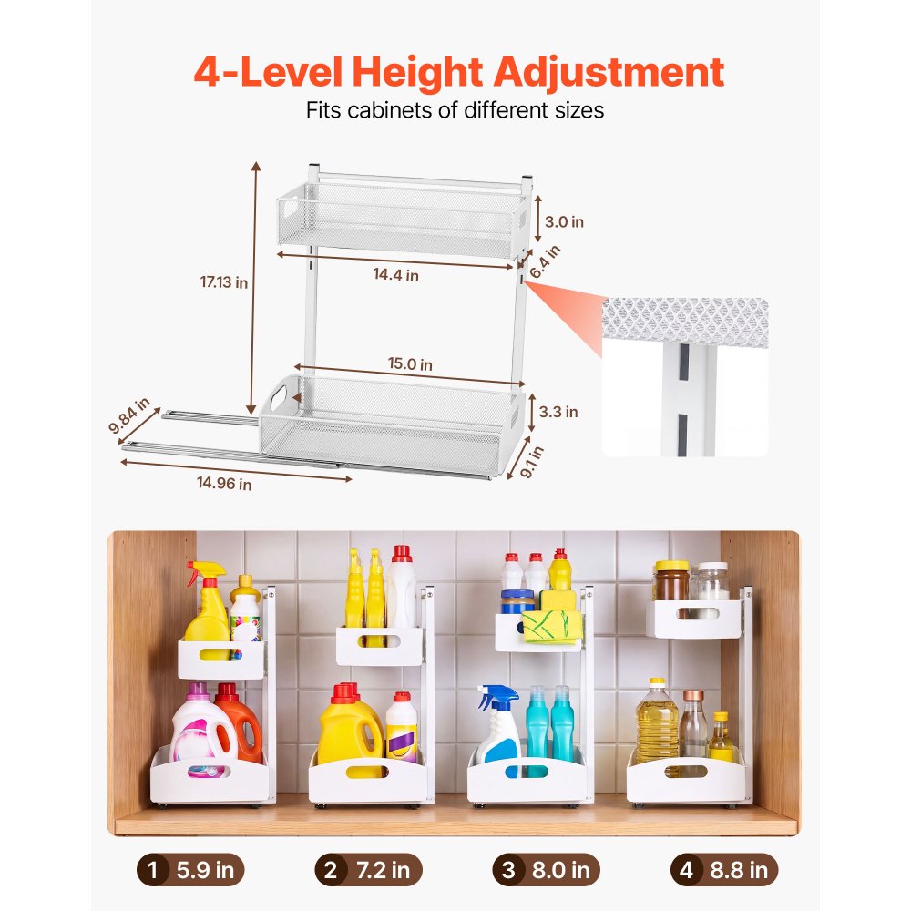 VEVOR Under Sink Organizer, 2 Pack 2-Tier Pull Out Cabinet Organizer with 4-Level Height Adjustment, Metal Slide Out Shelf, Multi-Purpose Cabinet Organizers and Storage for Bathroom & Kitchen, White