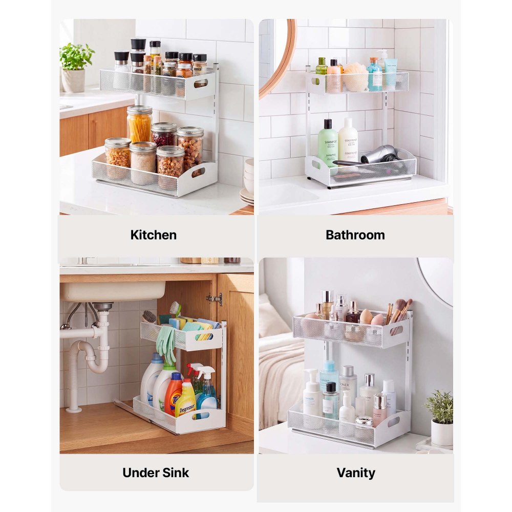 VEVOR Under Sink Organizer, 2 Pack 2-Tier Pull Out Cabinet Organizer with 4-Level Height Adjustment, Metal Slide Out Shelf, Multi-Purpose Cabinet Organizers and Storage for Bathroom & Kitchen, White