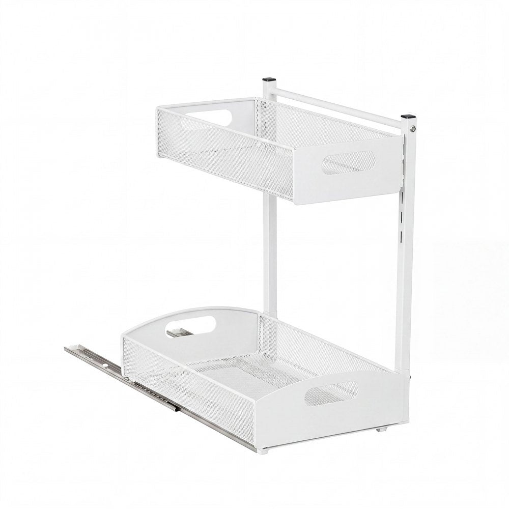 VEVOR Under Sink Organizer, 2 Pack 2-Tier Pull Out Cabinet Organizer with 4-Level Height Adjustment, Metal Slide Out Shelf, Multi-Purpose Cabinet Organizers and Storage for Bathroom & Kitchen, White