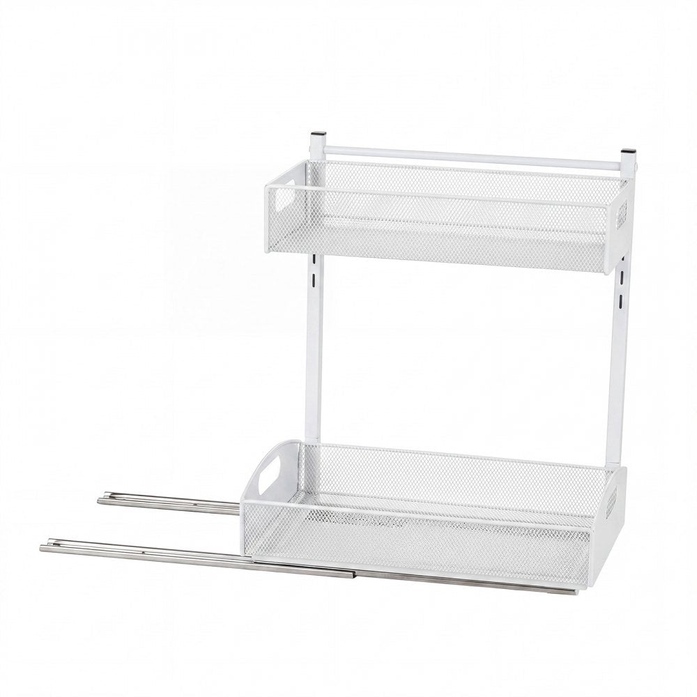 VEVOR Under Sink Organizer, 2 Pack 2-Tier Pull Out Cabinet Organizer with 4-Level Height Adjustment, Metal Slide Out Shelf, Multi-Purpose Cabinet Organizers and Storage for Bathroom & Kitchen, White